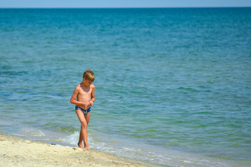 Fototapeta premium The boy walks along the seashore in search of an interesting shell.