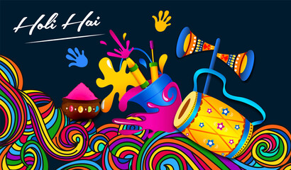 illustration of  Colorful splash for Holi background for Festival of Colors celebration with message in Hindi Holi Hai meaning Its Holi