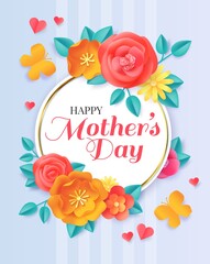 Fototapeta na wymiar Happy Mothers day. Spring papercut flowers and butterflies. Greeting card for motherhood celebration with paper floral bouquet vector banner