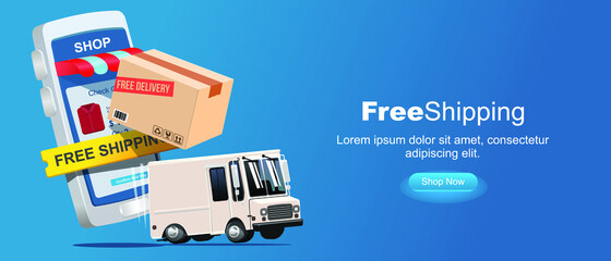 free shipping promotion web banner.  smarphone application with shopping apps, package and delivery cargo. 3d style vector illustration