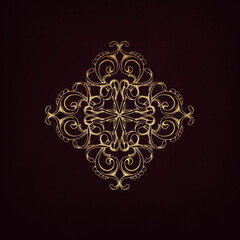 Golden shiny glowing ornate pattern isolated over dark red background. Golden luxury elegant pattern. Illustration template.