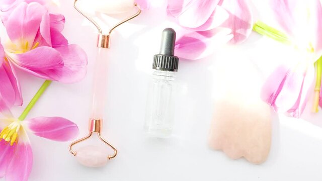 organic skincare jade face massage roller, gua sha stone, cosmetic moisturizer serum extract in glass bottle and tulip flowers with sunny lights. Natural holistic beauty, aromatherapy, facial skin car