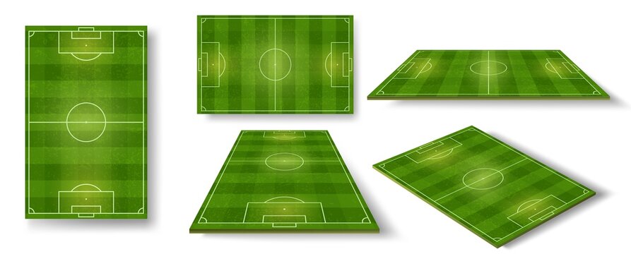Football field. Soccer pitch scheme top, side and perspective view. Realistic european football court or stadium with green grass vector set