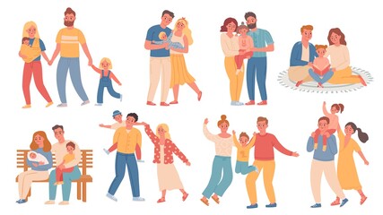 Fototapeta premium Happy families. Parent and kid walk, hug, read and play together. Mother with baby, father, son and daughter. Trendy flat family vector set