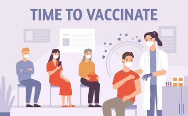 Doctor vaccinate people. Patient gets vaccine shot in hospital. Medicine for immunization. Covid-19, flu or virus prevention vector concept
