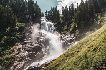 Panoramic view of the Krimmler waterfalls, the highest waterfalls in Austria.