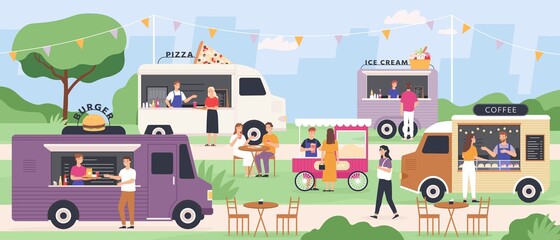Street food festival. People eat at summer outdoor truck fair with fast foods, pizza and ice cream van, popcorn cart. Flat vector park event © Tartila