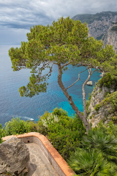 Scenic view of the dramatic cliff landscape of Capri island. Capri coast view with cliffs and the blue Tyrrhenian sea of the Mediterranean island of Capri, Italy