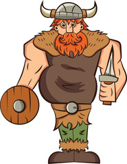 Vector illustration of cartoon comic style viking, barbarian. Redhead, bearded warrior with shield and sword. Funny mascot, character clip art