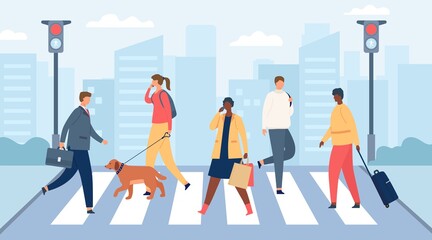 People on crosswalk. Men and women crossing city road with traffic lights. Businessman and girl with dog. Flat crowd on street vector scene