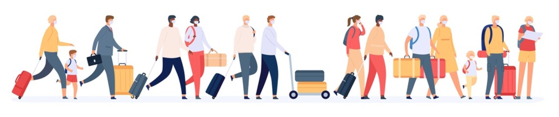 Tourists group with suitcases. Traveling families crowd with luggage in airport queue. People in masks in tour. Safe vacation vector concept