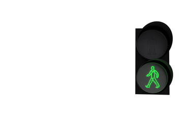 Green traffic light for pedestrians. Modern LED traffic light isolated on white background. 3d...