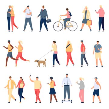 People walk. Flat characters walking with dog outdoor, riding bicycle and hoverboard and running. Men and women crowd on street vector set