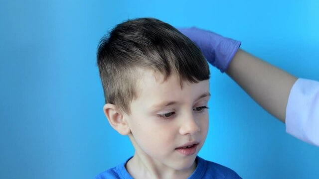 The pediatrician in the gloves will check the presence of lice and nits in a small child. Pediculosis in kindergarten, preventive examination of the head and hair