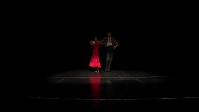 Ballroom dance couple show dancing Spanish paso doble element on the dark stage