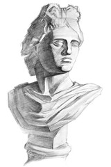 Drawing of the sculpture of the bust of Apollo Belvedere (Apollo). Isometric projection. Academic pencil drawing. Old drawing