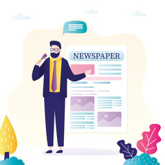 Newspaper reporter tells breaking news. Journalist with microphone. Male character works in press. Newspaper employee collects information for publication.