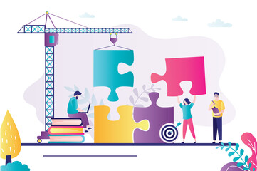 Cartoon men and women solving jigsaw puzzle. Crane lowers large piece of puzzle. Joint work team support and business development