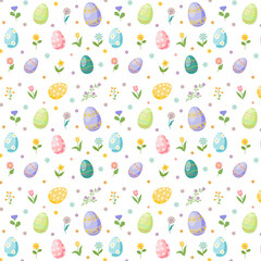 Seamless spring pattern with cute Easter eggs and flowers. Hand drawn flat cartoon elements. Vector illustration