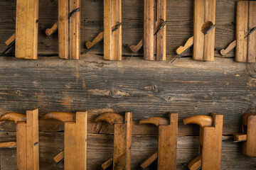 Joinery tools on wood table background with copy space