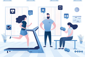 Female characters train in sports club. Trainer helps girls lose weight and build muscle