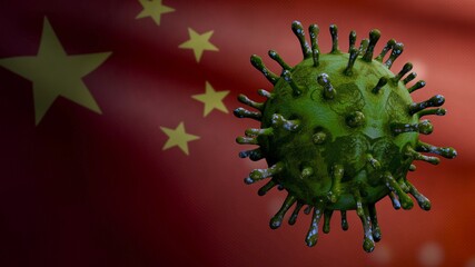3D illustration coronavirus over Chinese flag. Pandemic Covid 19 virus China