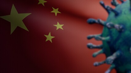 3D illustration coronavirus over Chinese flag. Pandemic Covid 19 virus China