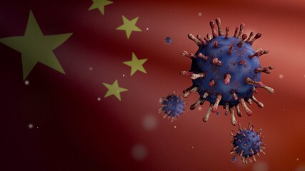 3D illustration coronavirus over Chinese flag. Pandemic Covid 19 virus China