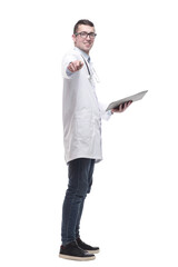 male doctor with clipboard . isolated on a white