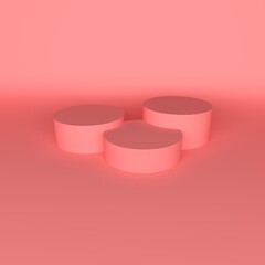 Orange pastel product stand or podium pedestal on empty display with  backdrops. 3D rendering.