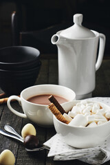 Hot chocolate, cocoa with marshmallows.