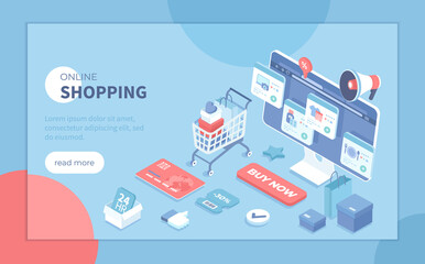 Online shopping, internet retail. Buying payment online. Application service website banking. Online store cart, credit card, megaphone, discount, sale. Isometric vector illustration for banner, web