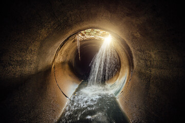 Flooded round sewer tunnel with water reflection