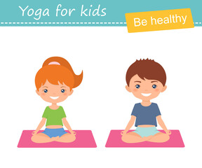 Cute chibi boy and girl practice yoga isolated on white background. Cartoon flat style