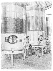 Stainless Steel Tanks at Vineyard in Pencil Sketch