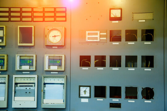 Electric Voltage Control Room. Electricity Control Panel With Buttons And Levers At Control Room Of Modern Plant. Factory Industrial Concepts.