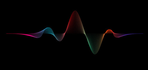 Abstract wave element for design. Digital frequency track equalizer motion sound wave. Stylized line art background. Vector curved wavy line on black background - obrazy, fototapety, plakaty