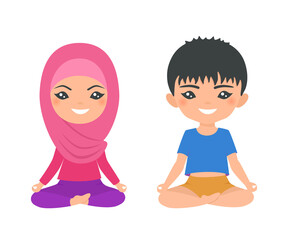 Cute muslim chibi boy and girl practice yoga isolated on white background. Cartoon flat style