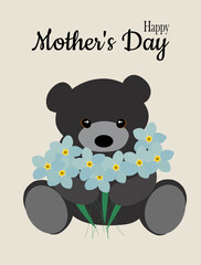 Greeting cute postcard Happy Mother's Day. Bear and blue forget-me-not flowers symbol of Mother's Day. 