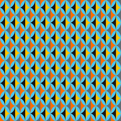 Seamless colored geometric pattern pattern. Traditional ornament. Rhombus, Japanese, oriental motive. Yellow, orange, black, gray, turquoise. Hypnotic trance, optical illusions, repeat.
