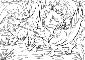 Coloring book for children with a dinosaur hand-painted in cartoon style