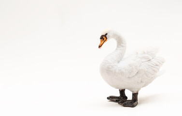 Realistic plastic toy swan white. Cute little swan toy for kids. Isolate. Copy space