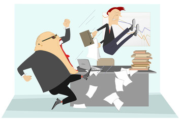 Angry boss and employee illustration. 
Angry chief scolds his frightened employee and kicks him to the ass
