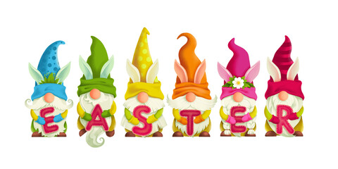 Gnomes with the word Easter in their hands in colorful hats, with rabbit ears, Rainbow colors. Hand-drawn digital drawings isolated on a white background, for printing greeting cards for Easter.