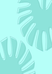 Background with green palm leaves. It has two abstract minimalistic palm leaves. on a green background.