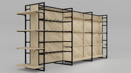 loft-style shopping shelves 3D render. wood and metal