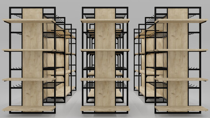 loft-style warehouse empty racks 3D render. wood and metal