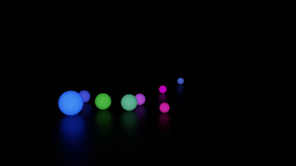 Mixed size of colorful LED ball and its reflection on black floor (3D Rendering)