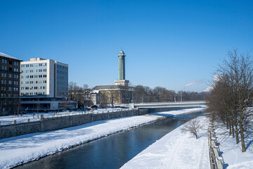 Fototapeta premium Ostrava city hall in the wintertime with blue sky, Czech Republic