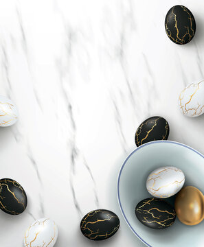 Black and white realistic Easter eggs with golden cracks in kitsugi style on marble background in ceramic bowl. Vector illustration of a holiday poster, banner, flyer.